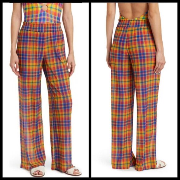 💕WEWOREWHAT💕 Plaid Print Smocked Mesh Pants ~ Swimsuit Coverup Large L NWT - Picture 2 of 16